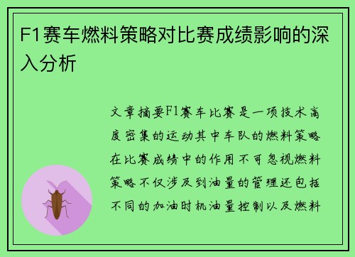 F1赛车燃料策略对比赛成绩影响的深入分析