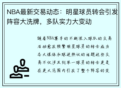 NBA最新交易动态：明星球员转会引发阵容大洗牌，多队实力大变动