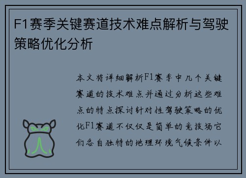 F1赛季关键赛道技术难点解析与驾驶策略优化分析