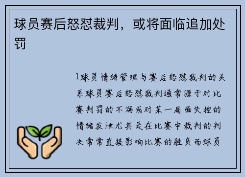 球员赛后怒怼裁判，或将面临追加处罚